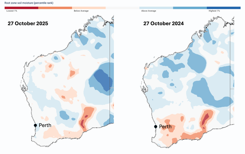 Relative root zone soil moisture levels in Western Australia.